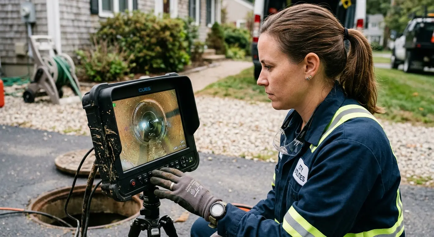 Technician reviewing sewer camera inspection footage in Oak Park