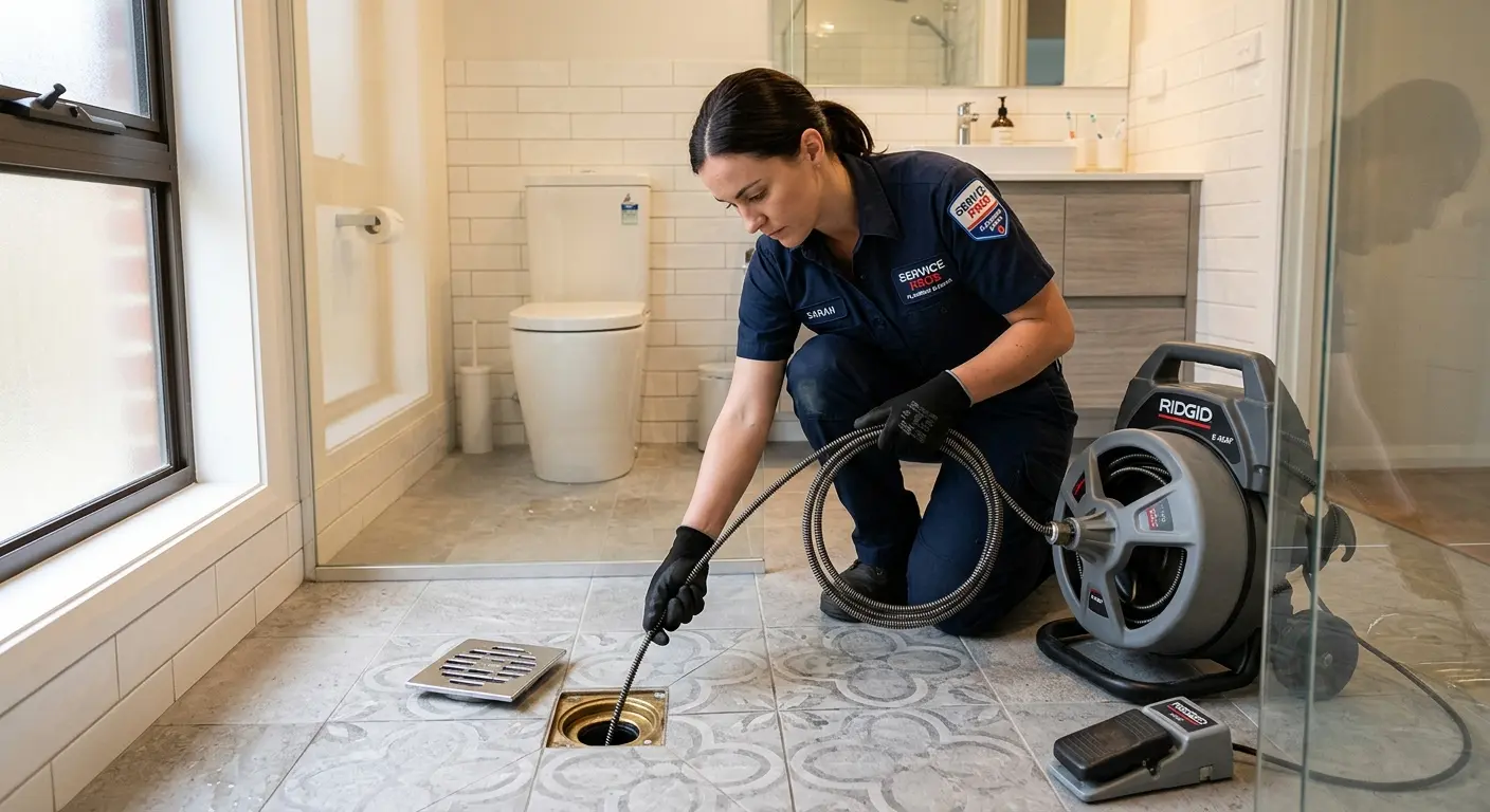 Technician clearing a bathroom floor drain for Drain Cleaning in Oak Park